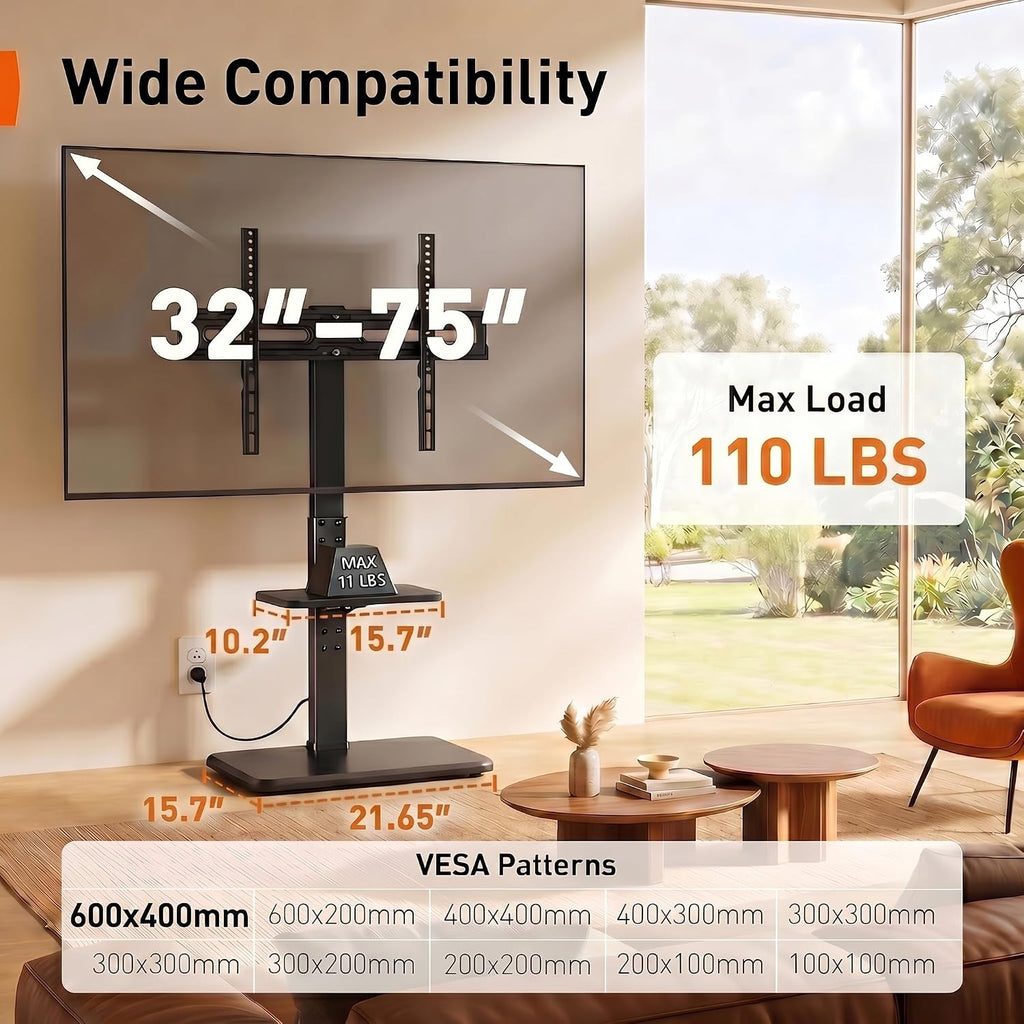 Perlegear Floor Tv Stand With Power Outlet, Universal Tv Stand For 32-75 Inch Tvs Up To 110 Lbs, Height Adjustable Standing Tv Mount, Tall Tv Mount With Wood Base, Max Vesa 600X400Mm, Pgfs06
