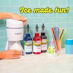 Hawaiian Shaved Ice Machine Kit - 3 Flavors, 25 Cups, Straws, Pourers, Ice Molds