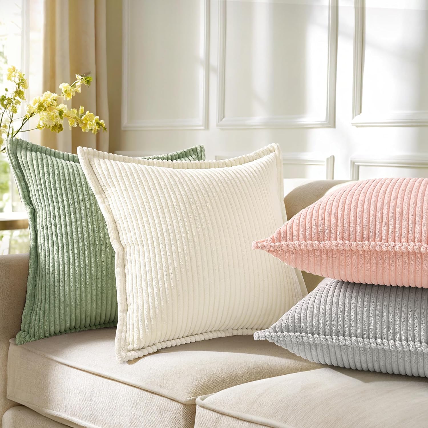 Decoruhome Fall Corduroy Cream White Throw Pillow Covers 18X18 Set Of 2 Decorative Soft Boho Farmhouse Couch Pillow Covers For Living Room Bed Sofa Broadside Striped Pillow Cases