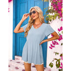 Ofeefan Womens Summer Tops Babydoll Short Sleeve Shirts Puff Sleeve Peplum Tops V Neck T Shirts
