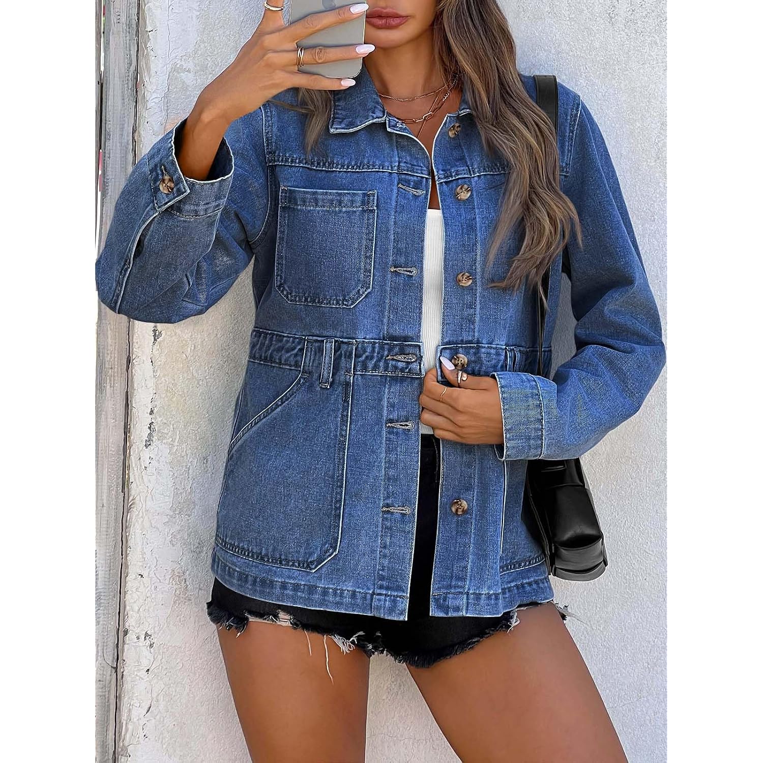 Tankaneo Denim Jacket For Women Distressed Jean Jacket Button Down Oversized Shacket With Pockets