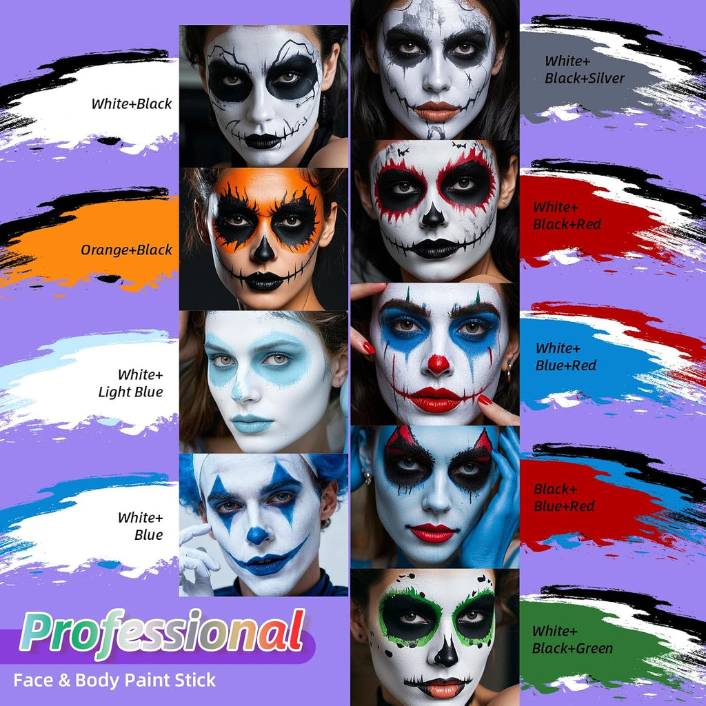 Ybuete 3Pcs Face Body Paint, Professional Paint For Halloween Cosplay Costume Party, Full-Coverage Multi-Color Cream Makeup Body Paint For Adult Halloween Cosplay Sfx Makeup Paint (White+Black+Silver)
