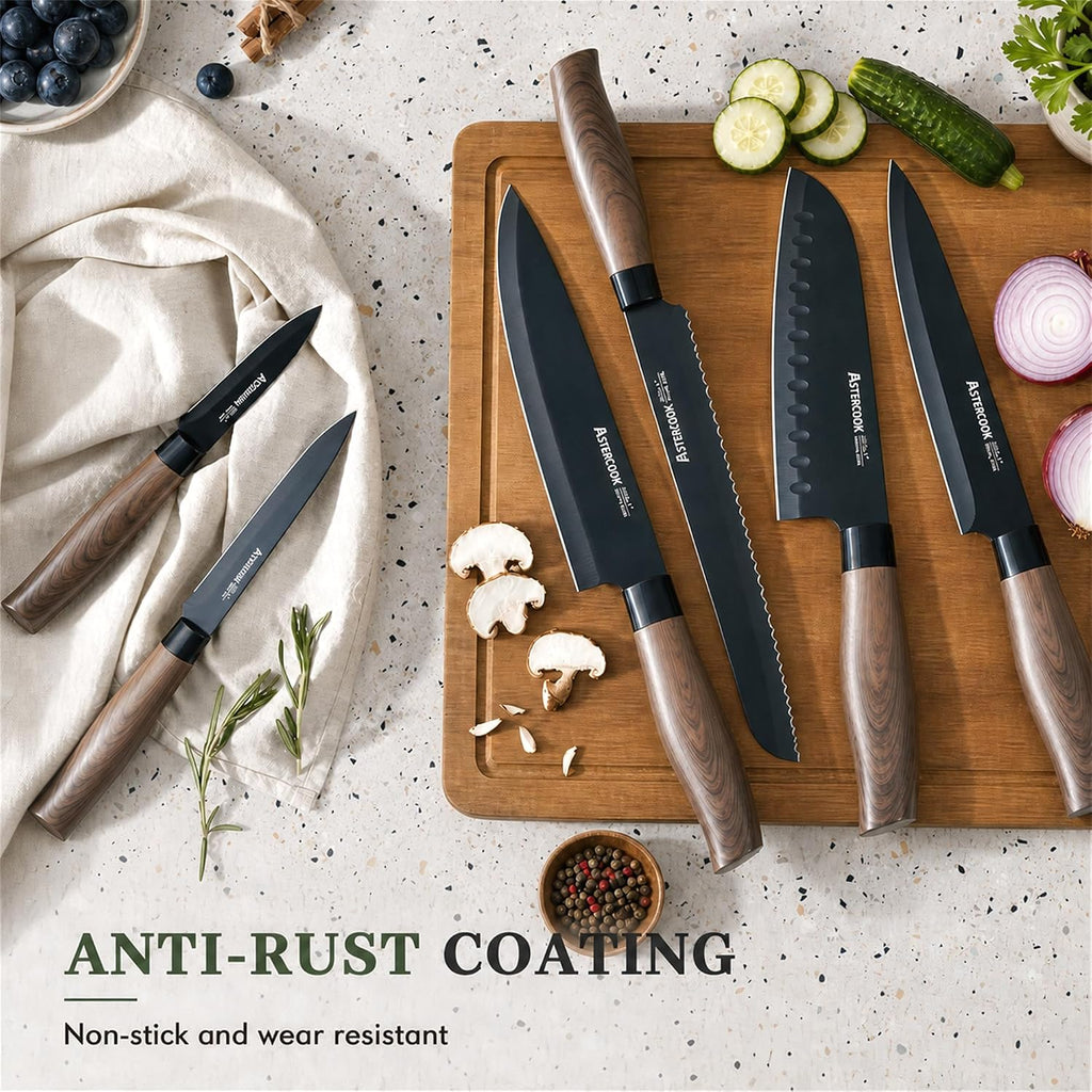 Astercook Knife Set, 13-Piece Kitchen Knives Set With 6 Blade Guards, Black Anti-Rust & Non-Stick Coating, Dishwasher Safe Stainless Steel Knives, Ergonomic Handle, Perfect For Holiday Gifts