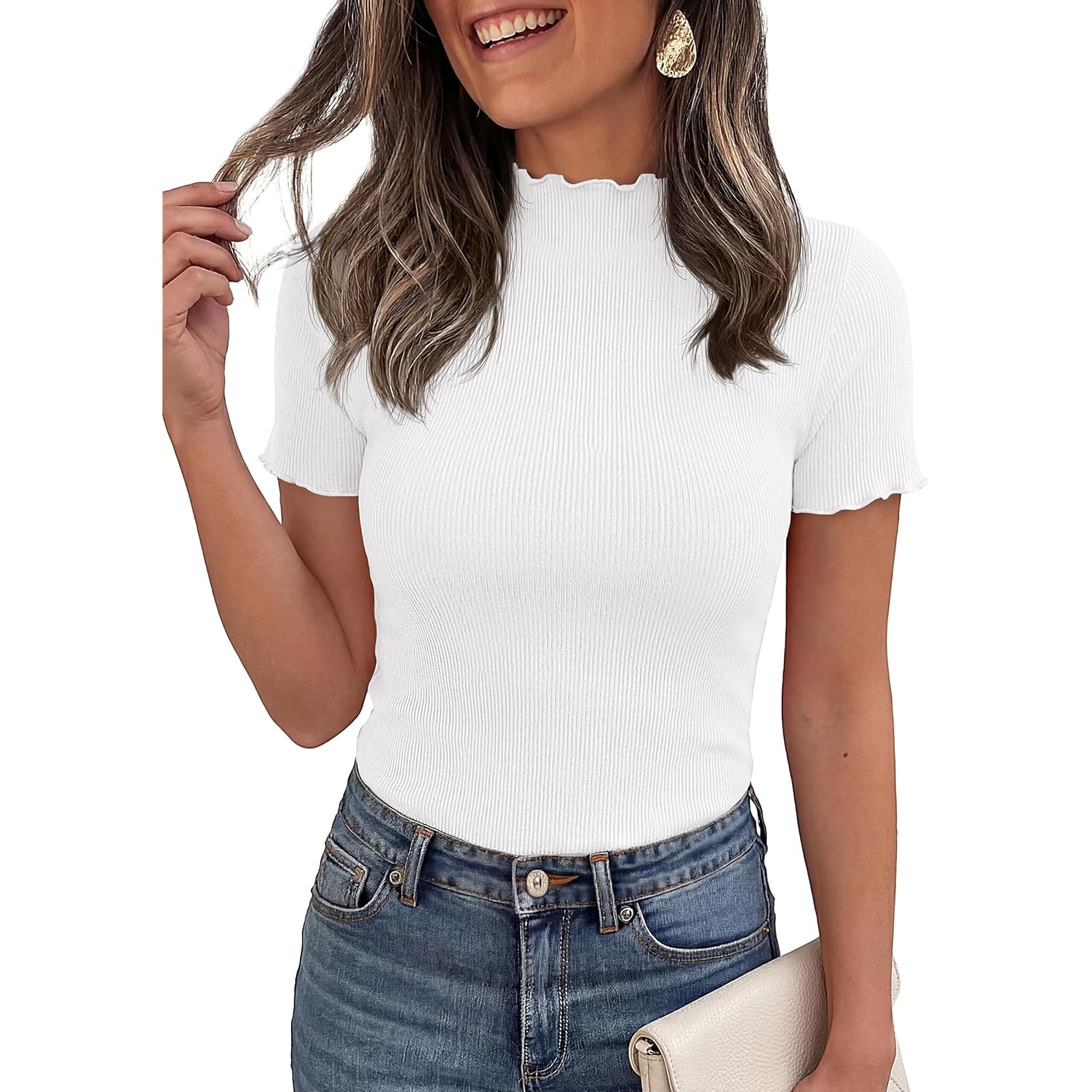 Short Sleeve T Shirts for Women Summer Clothes 2026 Casual Spring Tops Ruffle Mock Neck Ribbed Fitted Basic Tees