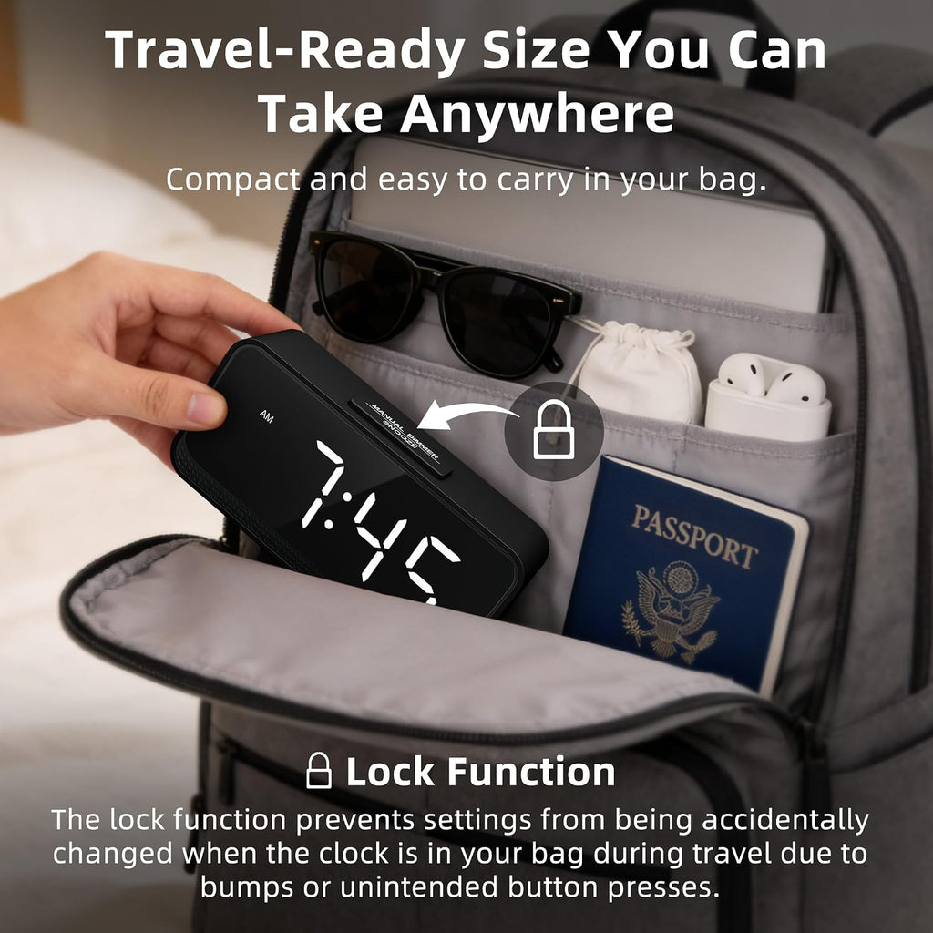 Battery Operated Small Alarm Clock: Digital Compact Large Display Cordless Clock For Bedroom Travel - Simple To Use For Seniors Teens White Digits