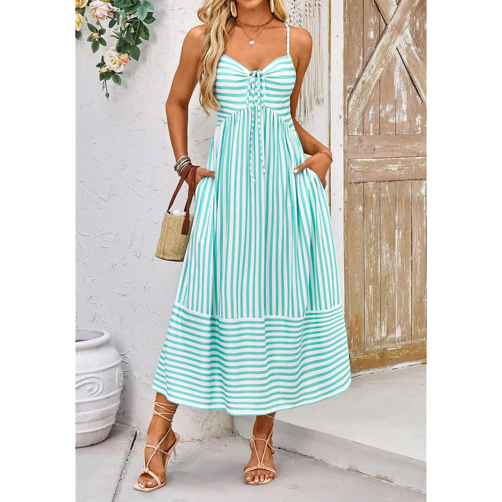 Fashionme Womens Summer Maxi Dresses 2026 Trendy Striped Vacation Boho Beach Spaghetti Strap Sundress Back Tie With Pockets