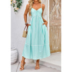 Fashionme Womens Summer Maxi Dresses 2026 Trendy Striped Vacation Boho Beach Spaghetti Strap Sundress Back Tie With Pockets