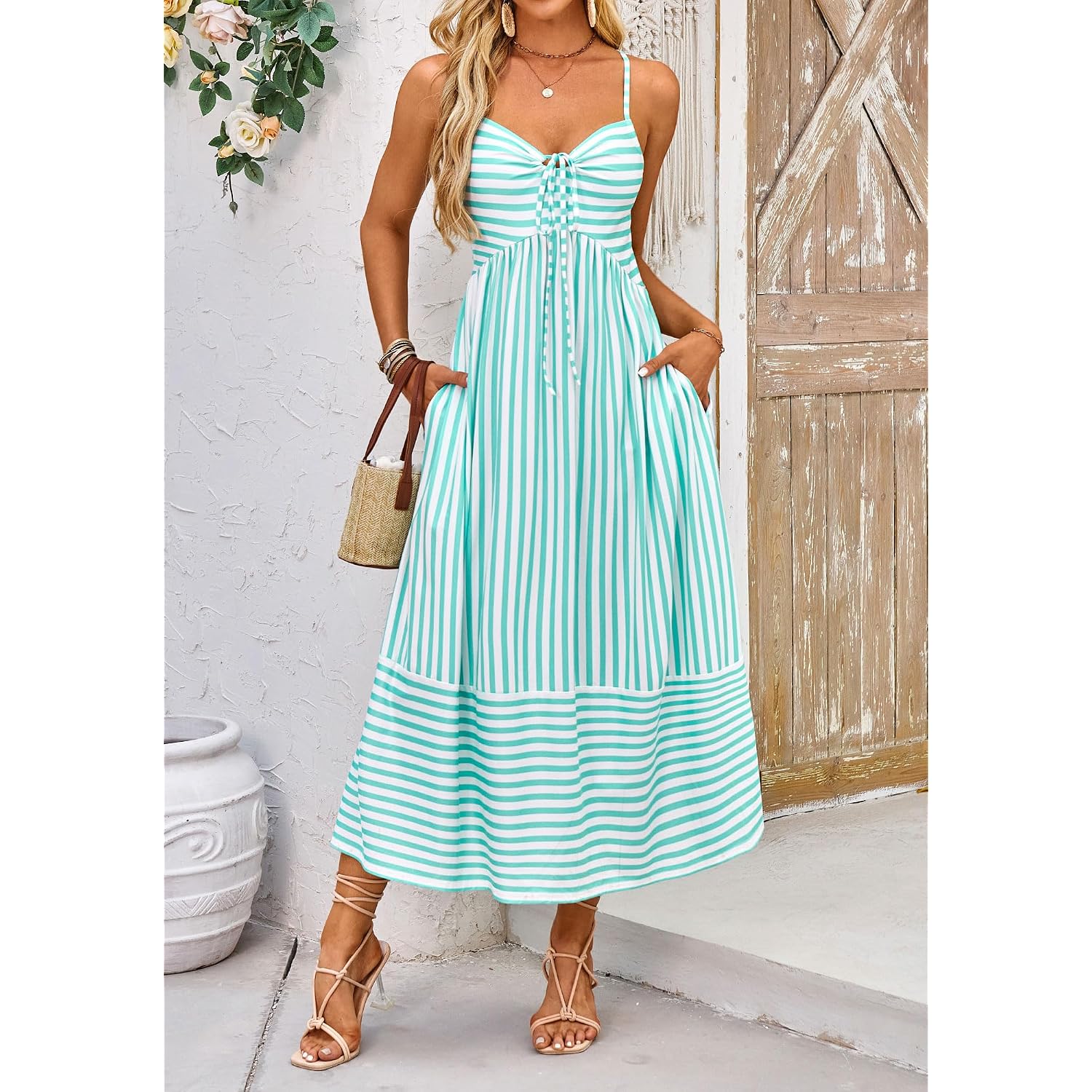 Fashionme Womens Summer Maxi Dresses 2026 Trendy Striped Vacation Boho Beach Spaghetti Strap Sundress Back Tie With Pockets