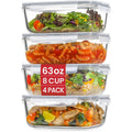 4 Pack 8 Cups/ 63oz Large Glass Storage Containers with Lids, Meal Prep Containers, Glass Food Storage with Airtight Lid for Baking, Leak Proof & Microwave, Oven Safe (4 Containers + 4 Lids)
