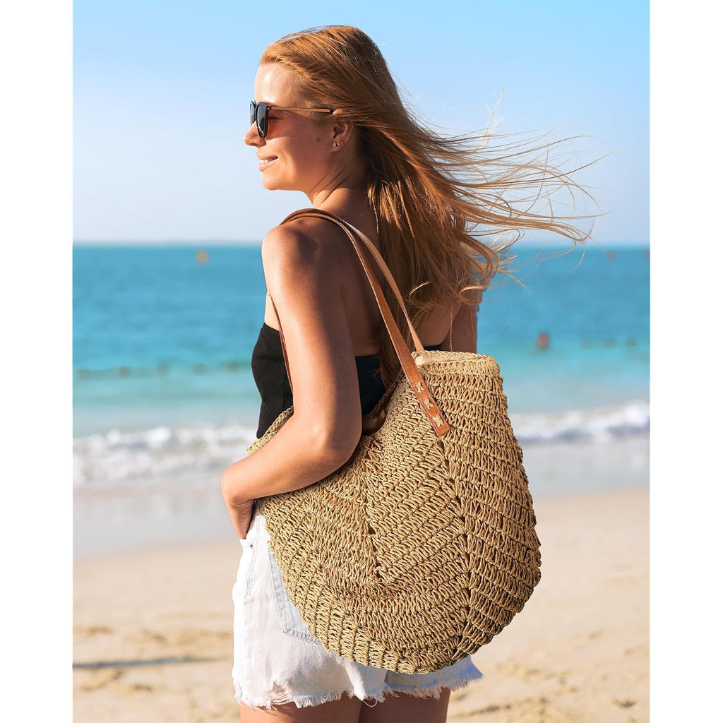 Beach Bags For Women - Straw Bag With Zipper, Soft Woven Beach Bag, Casual Straw Shoulder Bag For Daily Use