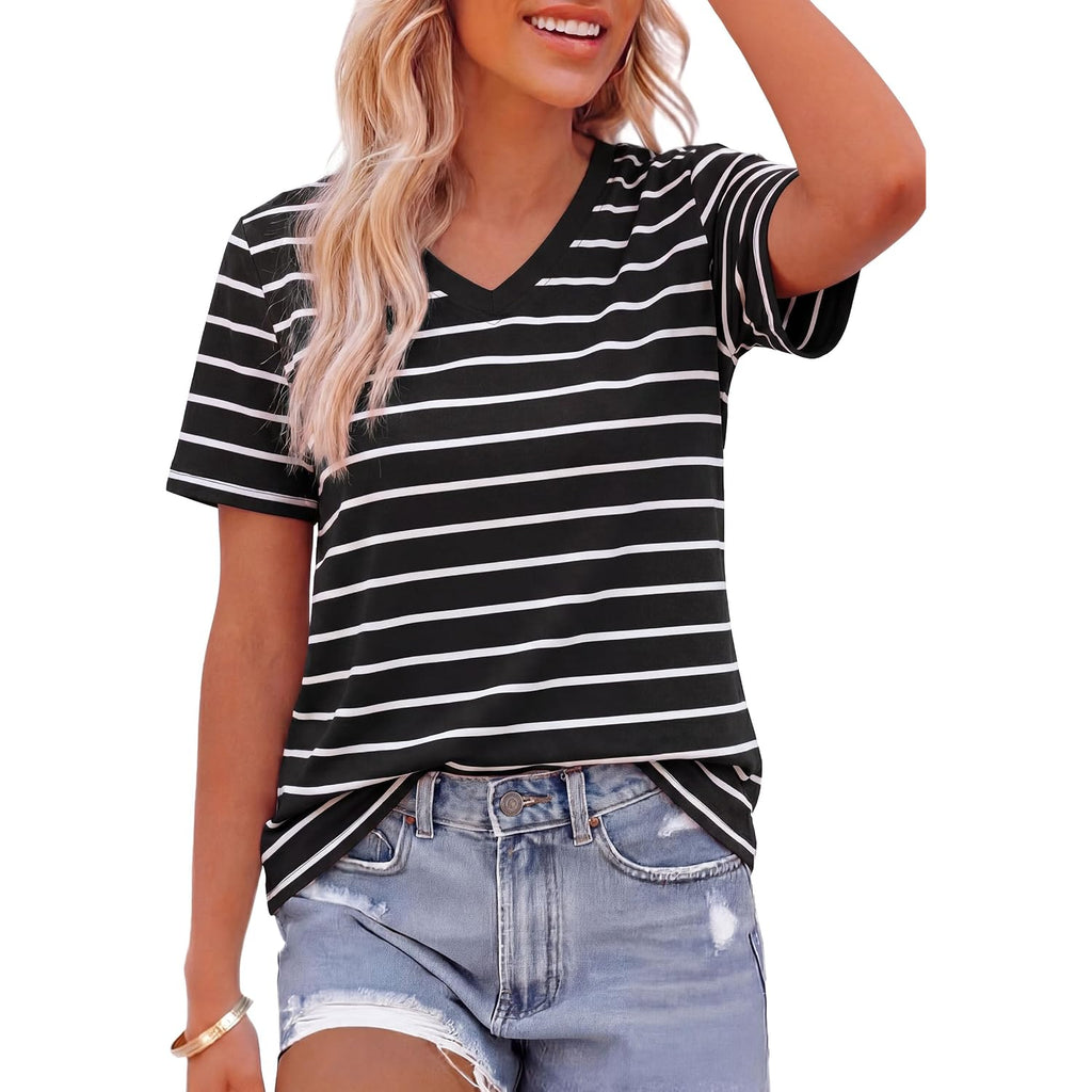 Prettygarden Short Sleeve Shirts For Women 2026 Spring V Neck Cute Tops Casual Striped Shirt Knitted Tees Summer Outfits