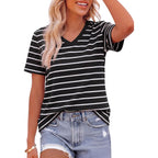 Prettygarden Short Sleeve Shirts For Women 2026 Spring V Neck Cute Tops Casual Striped Shirt Knitted Tees Summer Outfits