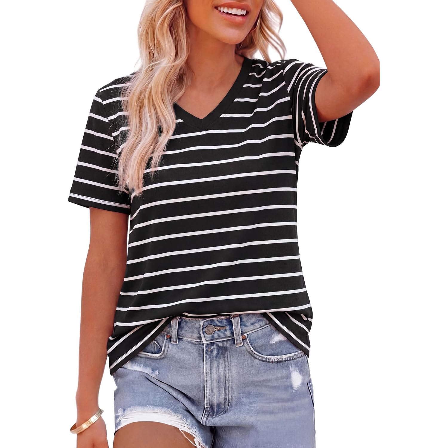 Prettygarden Short Sleeve Shirts For Women 2026 Spring V Neck Cute Tops Casual Striped Shirt Knitted Tees Summer Outfits