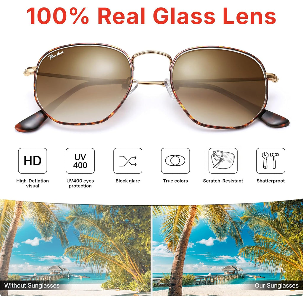 Pro Acme Small Square Sunglasses for Women Men 100% Real Glass Lens Hexagonal Frame