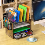 4-Tier Mesh Desk Organizer, Wooden Desk File Organizer With 5 Vertical File Holders And 2 Pen Holders, Desktop Organizers And Accessories With Drawer For Home Office
