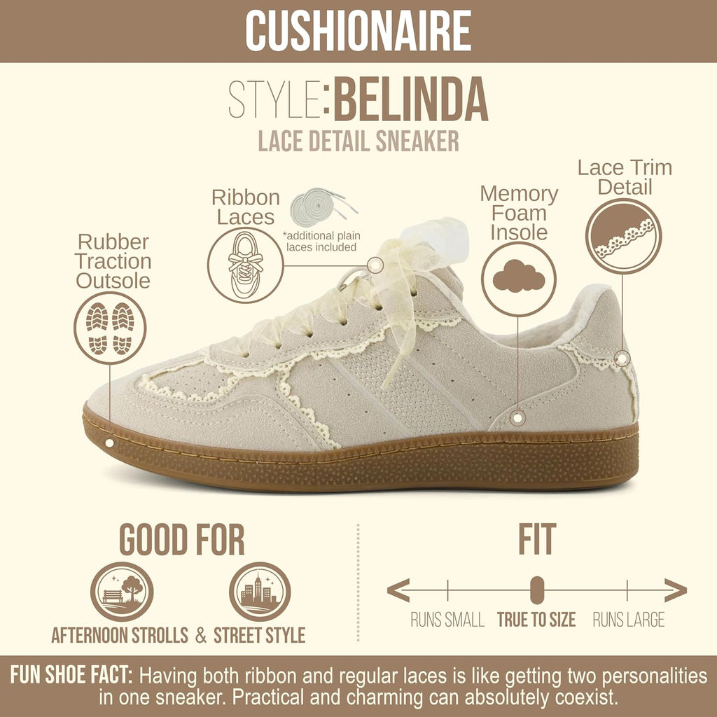 Cushionaire Belinda Women’S Lace Detail Casual Sneakers – Elegant Ribbon Lace-Up Shoes With Memory Foam