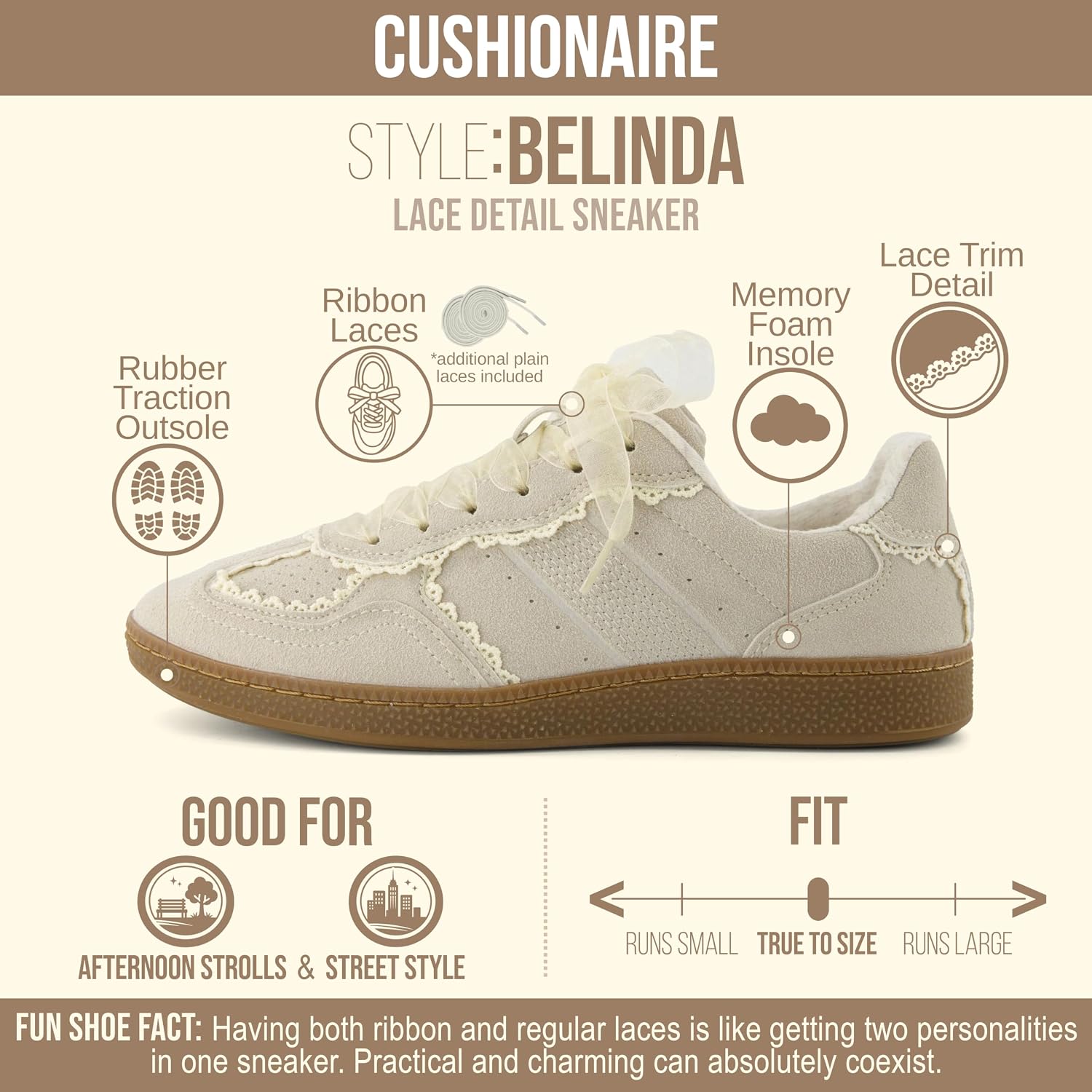 Cushionaire Belinda Women’S Lace Detail Casual Sneakers – Elegant Ribbon Lace-Up Shoes With Memory Foam