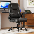 Gtplayer Leather Office Chair, Home Desk Chair With Flip-Up Arms And Ergonomic Back - Comfy Heavy Duty Executive Chair For Home Office Gaming, Black
