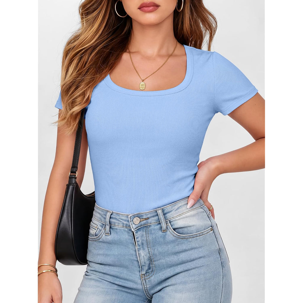ANRABESS Women Short Sleeve Tops Scoop Neck Ribbed Knit Slim Fitted Basic Tee Shirt Casual Summer Clothes 2026 Spring Outfits