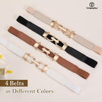TRIWORKS 4 Pack Women Skinny Elastic Belts Gold Buckle Thin Stretchy Waist Belts for Dresses