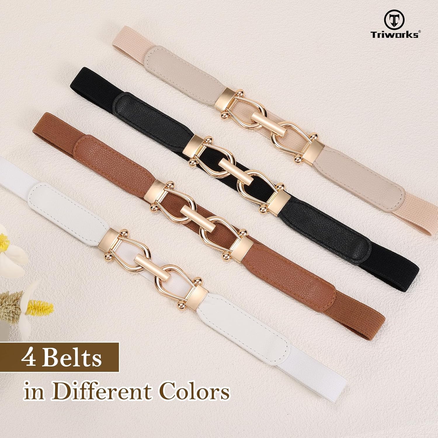 TRIWORKS 4 Pack Women Skinny Elastic Belts Gold Buckle Thin Stretchy Waist Belts for Dresses