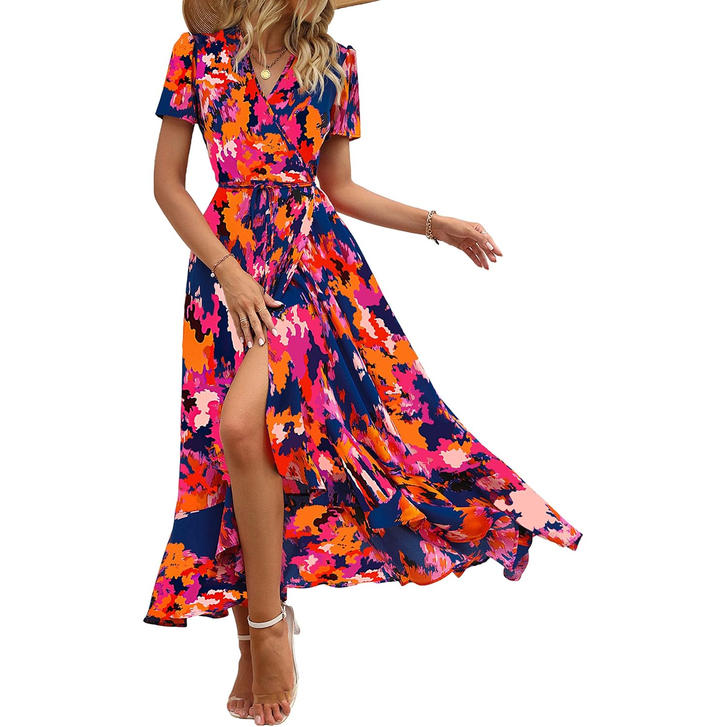 Prettygarden Women'S Boho Floral Maxi Dress Summer Short Sleeve Wrap V Neck Long Flowy Beach Vacation Wedding Guest Dresses