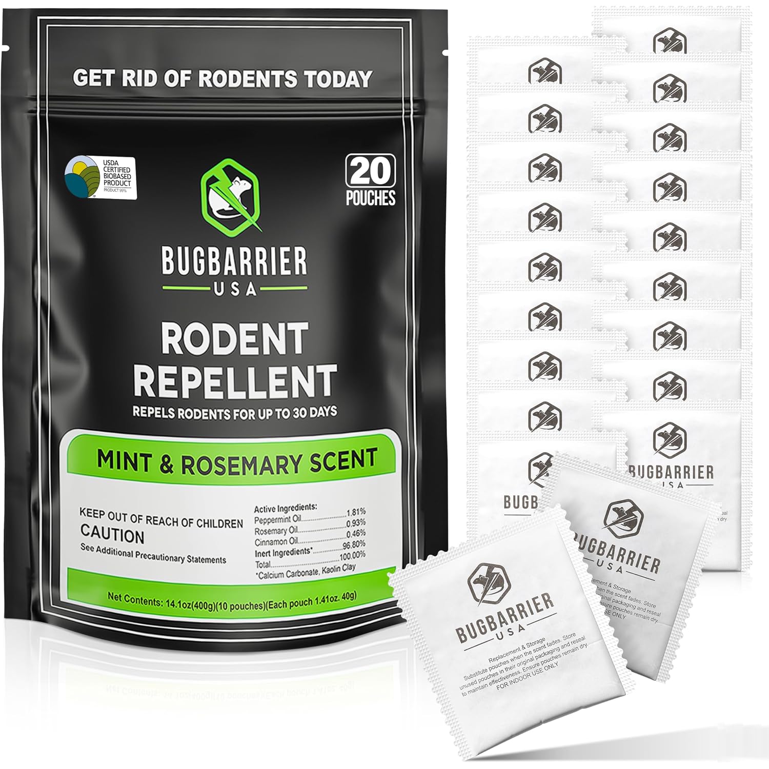 Bugbarrier'S Extra-Strength Mouse Repellent Deterrent Pouches, Usda 99% Biobased, Peppermint & Rosemary Oils Repel Mice Nesting In Car, Rv, Boat, Garage, Shed, Cabin Made In The Usa (Pack Of 20)