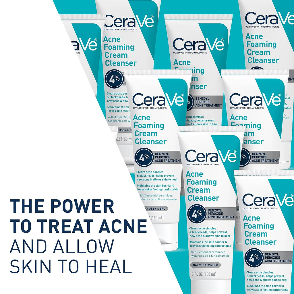 Cerave Acne Foaming Cream Cleanser, 4% Benzoyl Peroxide Face Wash With Hyaluronic Acid, Niacinamide & Ceramides, Gentle Daily Acne Treatment For Face