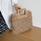 Straw Tote Bag With Natural Wooden Handle, Women Hobo Woven Handbag For Slouchy Charm, Summer Beach Travel Accessory