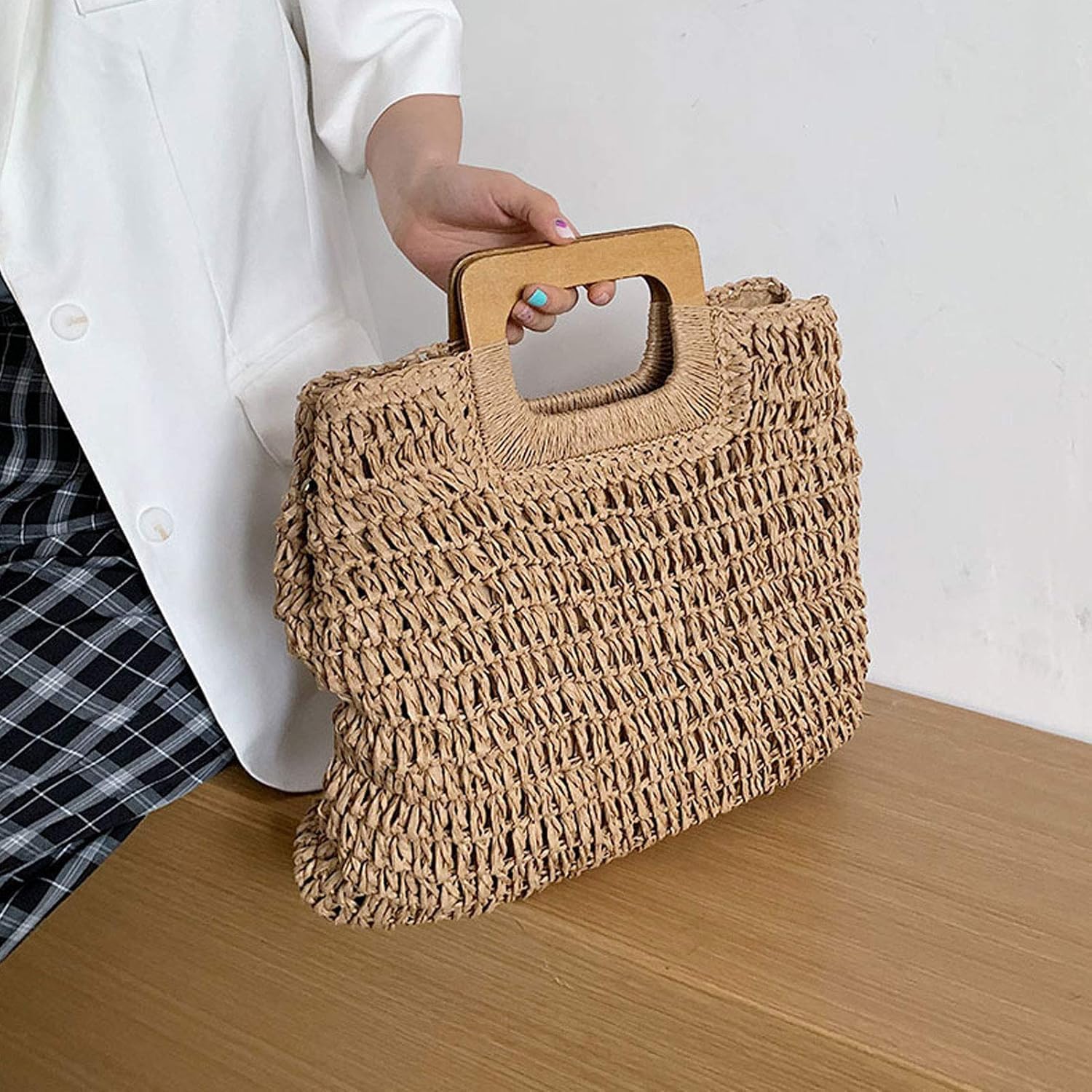 Straw Tote Bag With Natural Wooden Handle, Women Hobo Woven Handbag For Slouchy Charm, Summer Beach Travel Accessory