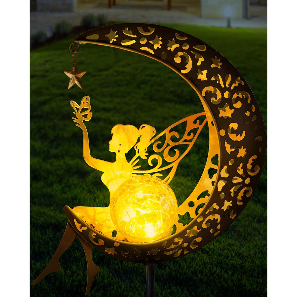 Solar Garden Statues Outdoor Decor, Fairy Moon Figurine Light Stake, Housewarming Ornament For Patio, Lawn, Yard, Pathway - Unique Gift Ideas For Gardening Mom Grandma