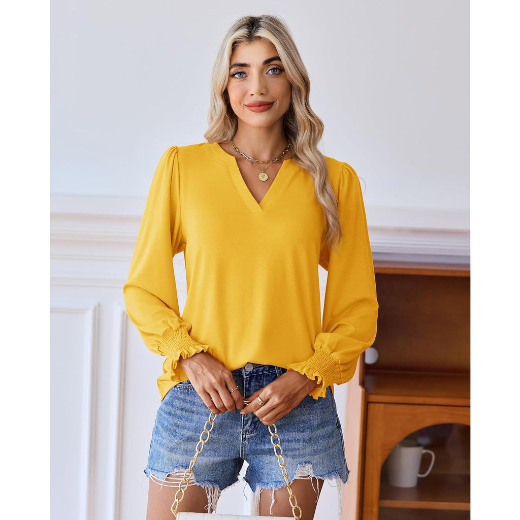 Uhiger Womens Tunic Tops Long Sleeve Blouses for Women Dressy Casual V Neck Tops Shirts Trendy with Smocked Cuffs