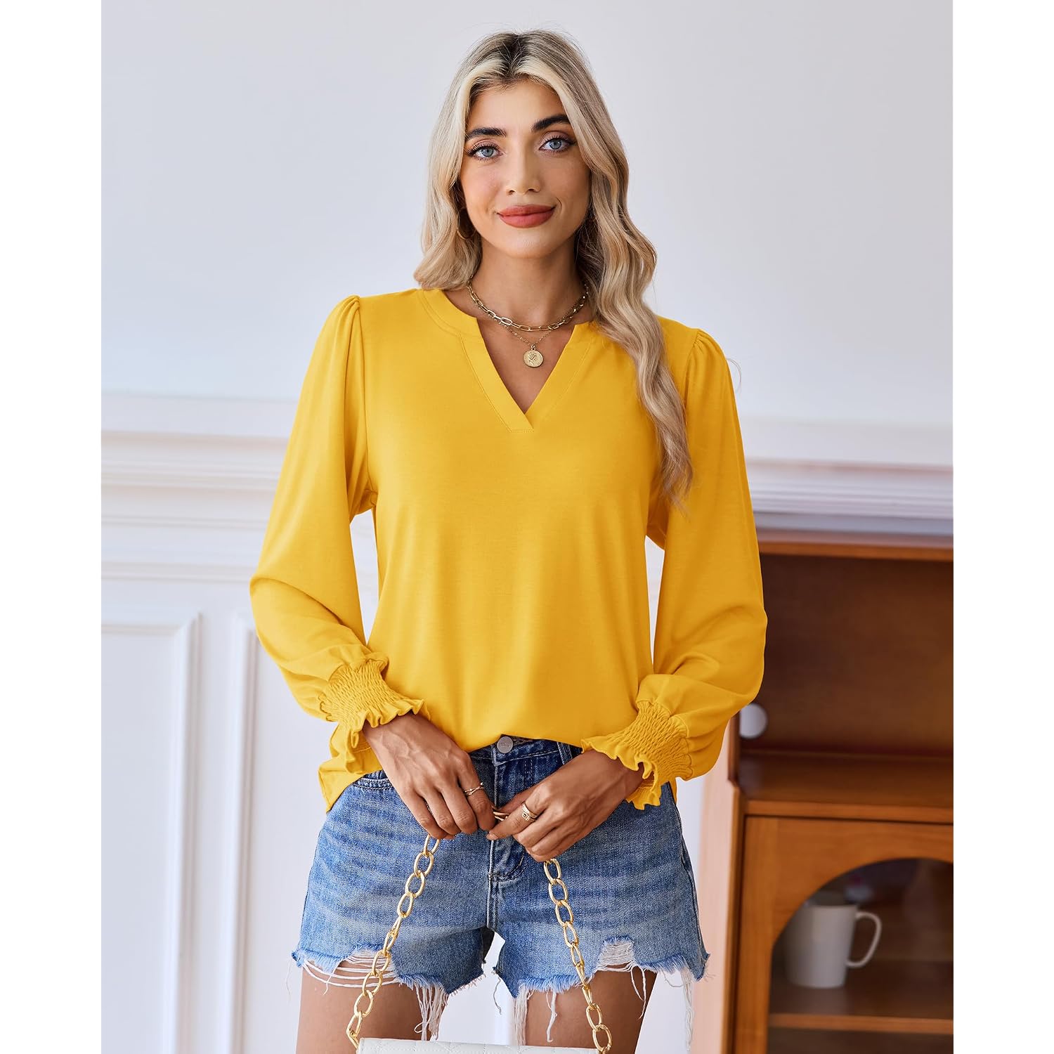 Uhiger Womens Tunic Tops Long Sleeve Blouses for Women Dressy Casual V Neck Tops Shirts Trendy with Smocked Cuffs