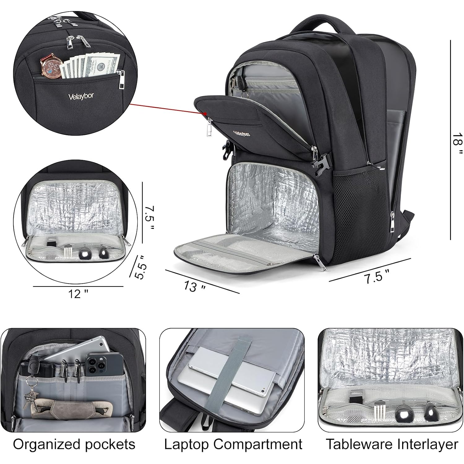 Insulated Lunch Backpack Fit 17" Laptop With Cooler Compartment | 2 In 1 Work Backpack With Lunch Box, Lunch Compartment, Water-Resistant, Lightweight, College Couputer Bag, Men & Women