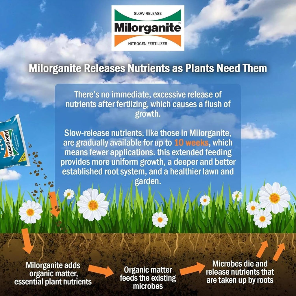 Milorganite All-Purpose Eco-Friendly Slow-Release Nitrogen 6-4-0 Fertilizer, 32 Lb Bag - For Lawns, Flowers, And Gardens - Includes Bonus Feeding & Spreader Tips Brochure