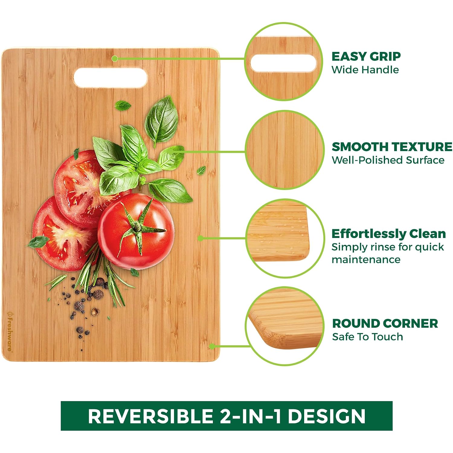 Freshware Bamboo Cutting Board Set Of 3, Wooden Cutting Boards For Kitchen, Knife Friendly Food Grade Chopping Board, Lightweight With Hanging Hole For Easy Storage