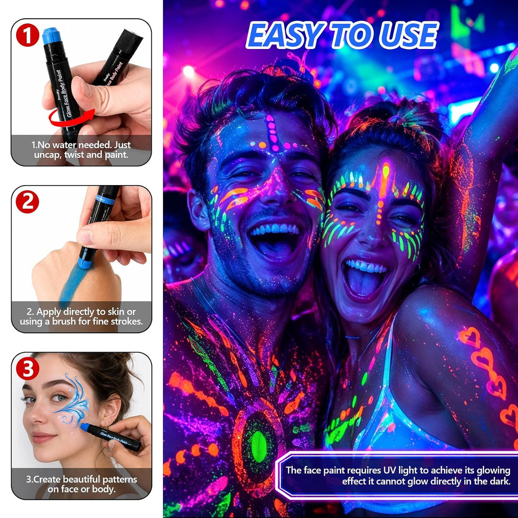 12 Pack Glow Face Body Paint,Neon Body Paint Sticks,Glow In The Dark Paint Under Uv Black Light,Makeup Face Painting Kit Professional Party Supplies For Halloween,Christmas,Birthday Party
