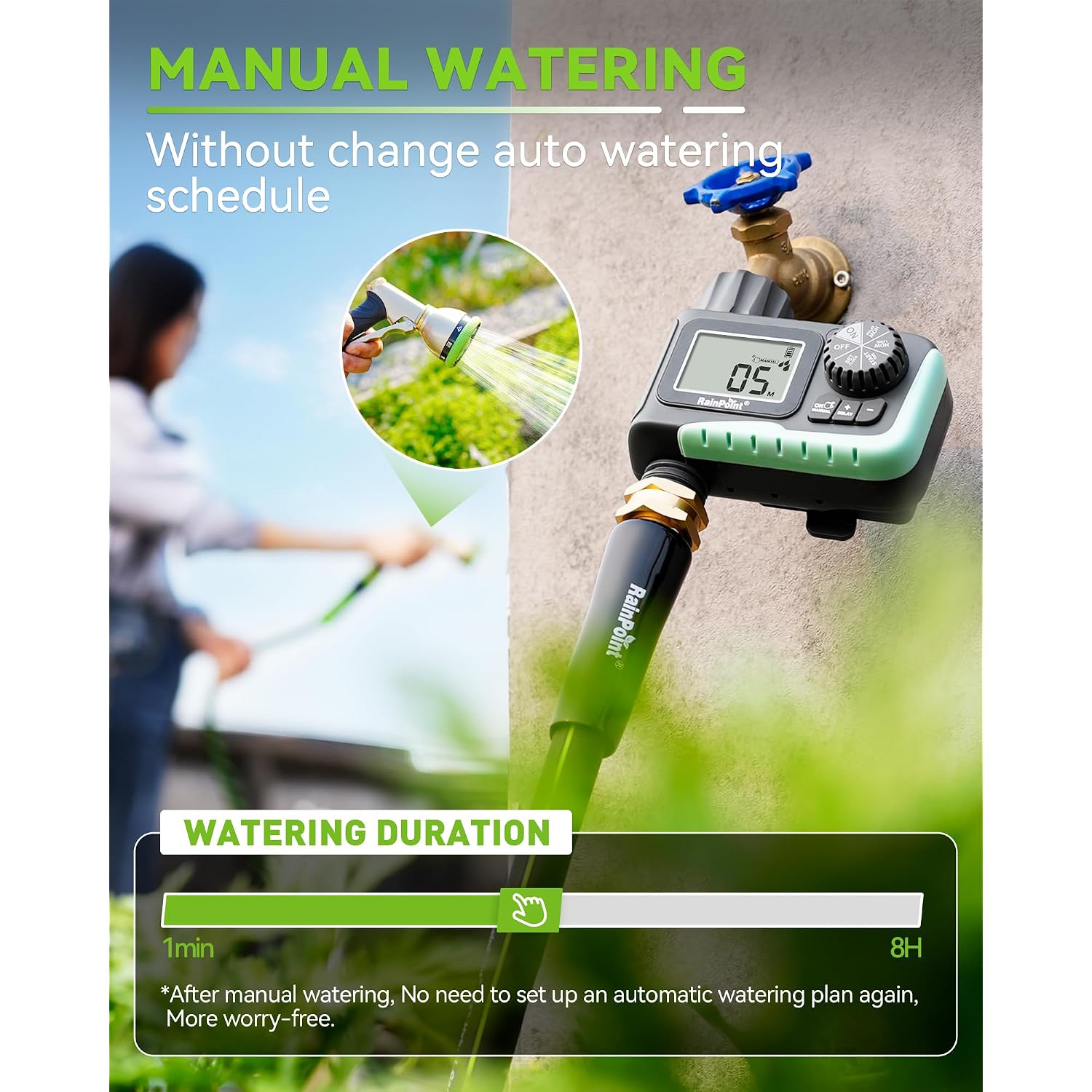Rainpoint Sprinkler Timer, Programmable Water Timer For Garden Hose, Outdoor Soaker Hose Timed With Rain Delay/Manual/Automatic Watering System, Digital Irrigation For Yard, Lawn, 1 Outlet