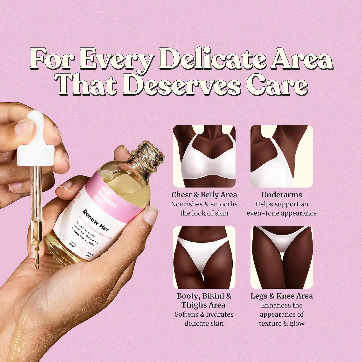 Her Fantasy Box Renew Her | Natural Rejuvenating Yoni Oil For Dark Spots, Ingrown Hair, And Skin Brightening - Nourishing, Moisturizing Formula For All Skin Types