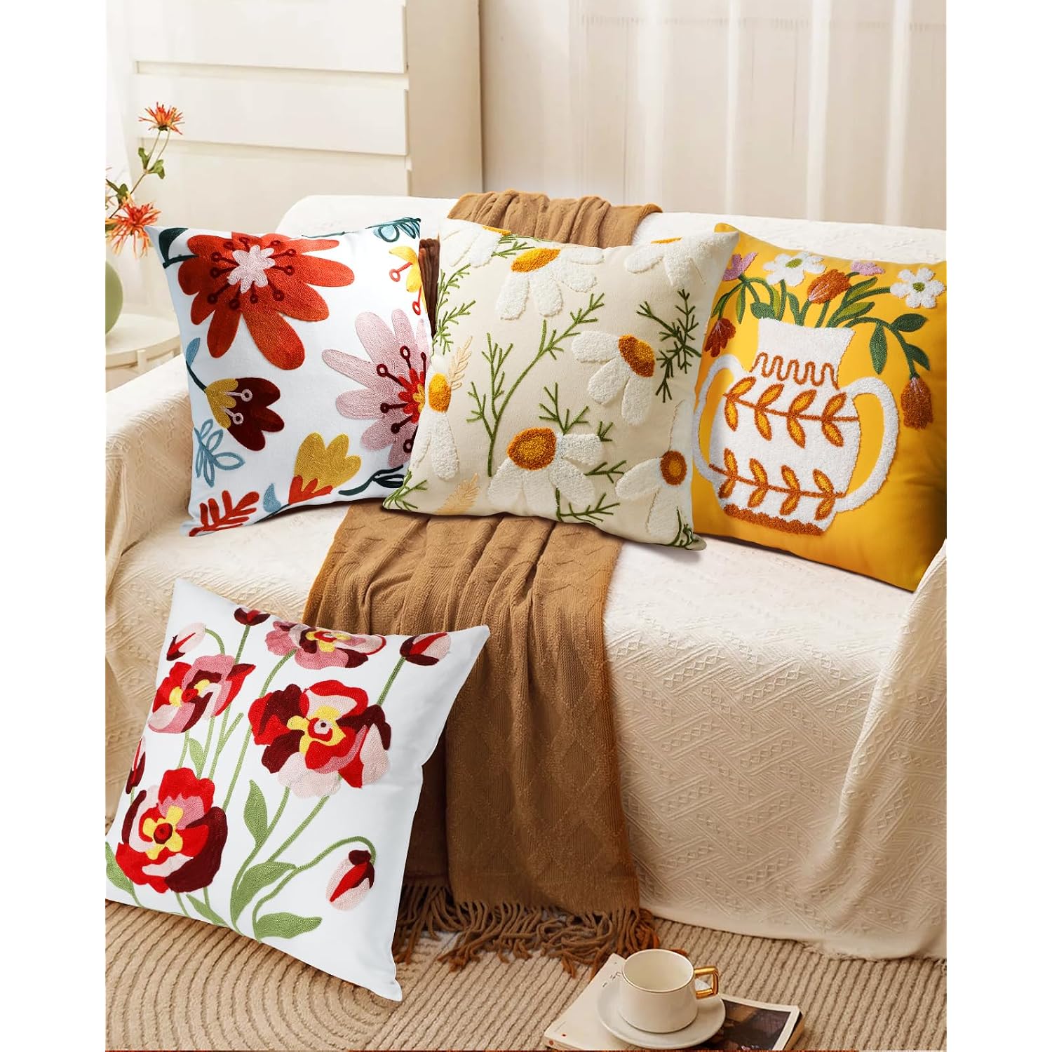 Embroidered Throw Pillow Cover - 18X18 Decorative Pillow Cover With Zipper Aesthetic Cute Design Boho Spring Summer Cozy Throw Pillowcase For Living Room Couch Sofa Bed, White Daisy
