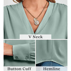 Women's Business Casual Tops Summer Long Sleeve Button Down Shirts V Neck Chiffon Blouses