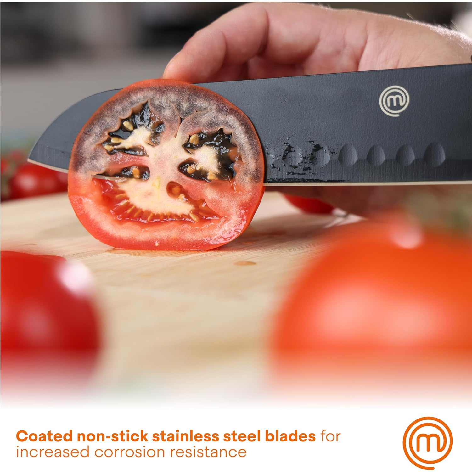 Masterchef Knife Set With Block, 6 Kitchen Knives And A Universal Knife Holder, Extra Sharp Stainless Steel Blades For Precise Cutting With Non Stick Coating & Soft Touch Easy Grip Handles, Black