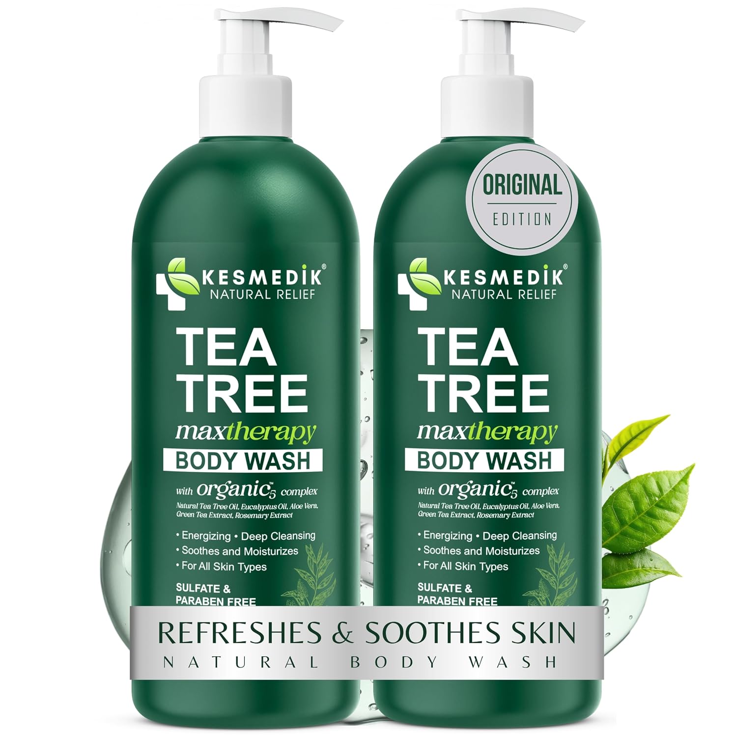 Kesmedik Tea Tree Body Wash Maxtherapy With Eucalyptus, Aloe & 100% Tea Tree Oil For Skin, Cleans, Soothes And Refreshes Sensitive, Itchy Skin, Body & Foot Soap For Men & Women, 2-Pack