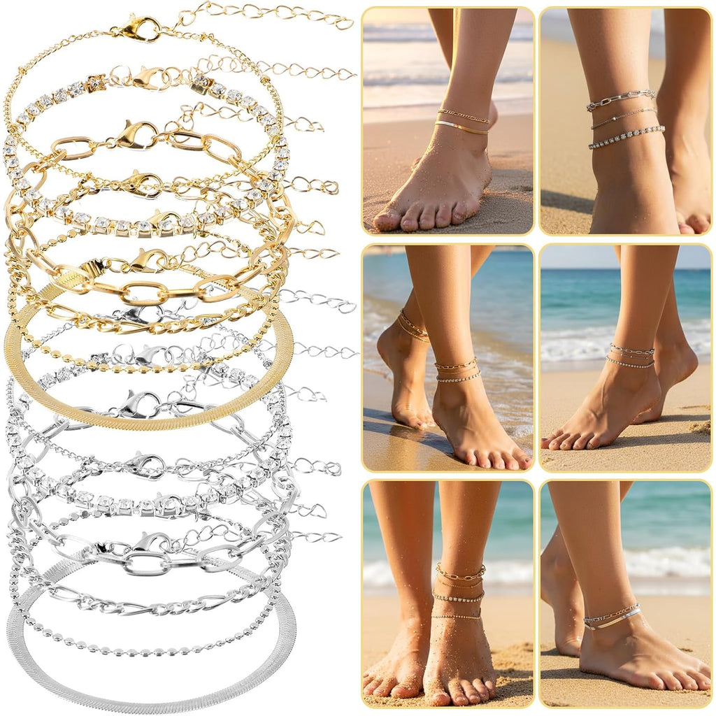 Tyqour 12PCS Ankle Bracelets for Women 9.25 In Anklets for Women Silver Gold Women's Anklets Waterproof Adjustable Size Summer Beach Jewelry Gift for Women Teen