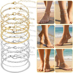 Tyqour 12PCS Ankle Bracelets for Women 9.25 In Anklets for Women Silver Gold Women's Anklets Waterproof Adjustable Size Summer Beach Jewelry Gift for Women Teen
