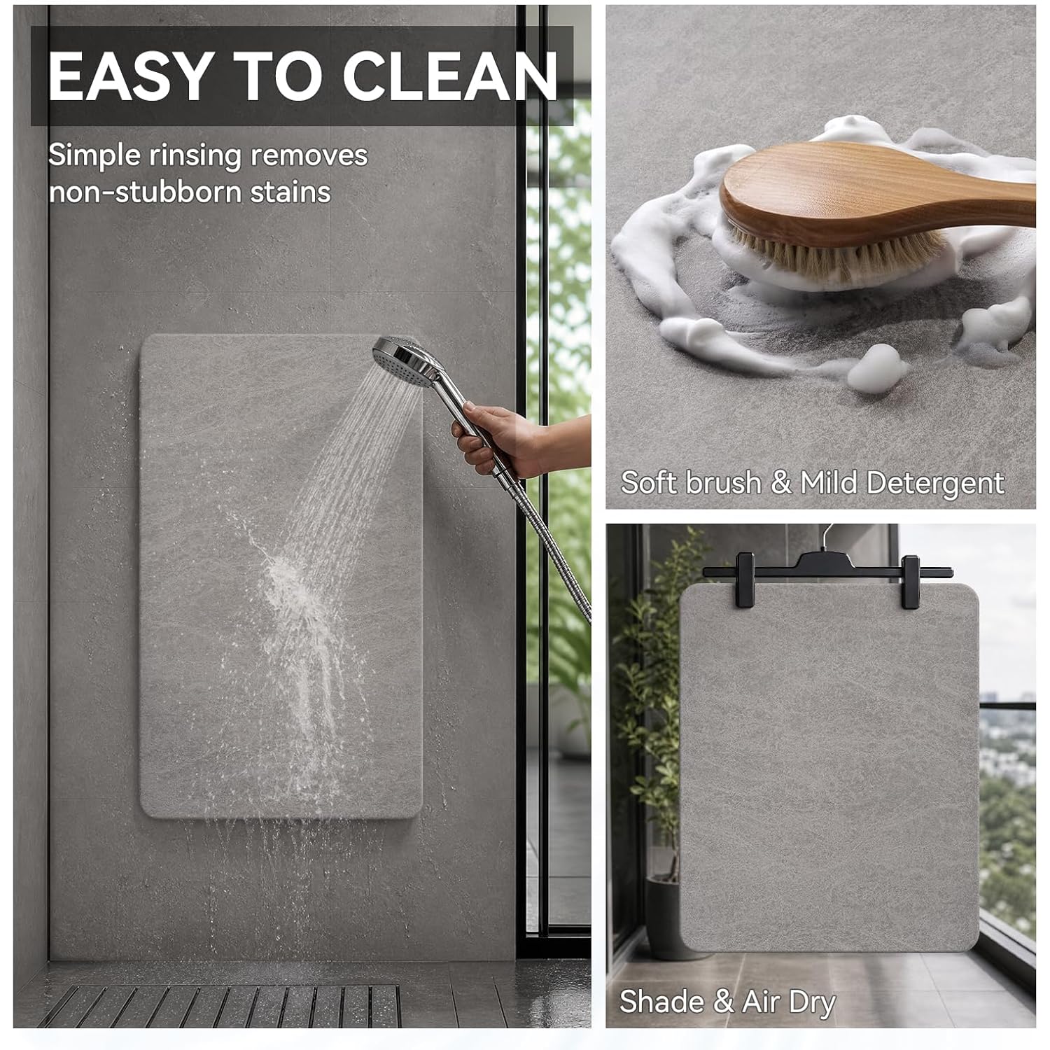 Montvoo -Bath Mat-Rubber Backing Non Slipthin Bathroom Rugs Fit Under Door- Quick Dry Absorbent Faux Suede Surface Grey Bathroom Floor Mats-Shower Rug For In Front Of Bathtub Shower Gray 16X24