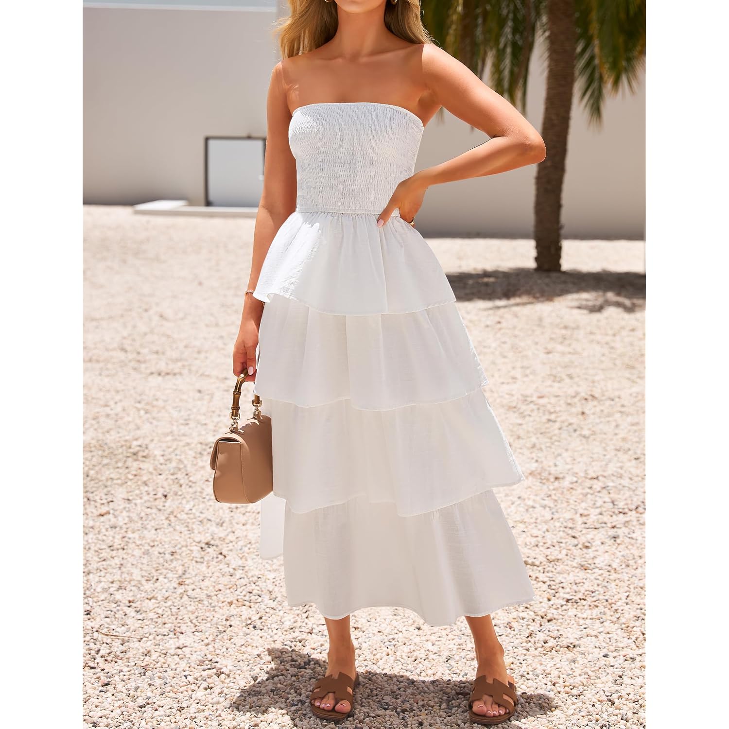 Zesica Women‘S Summer Boho Strapless Maxi Dress 2026 Casual Sleeveless Off Shoulder Smocked Tiered Beach Long Sundress