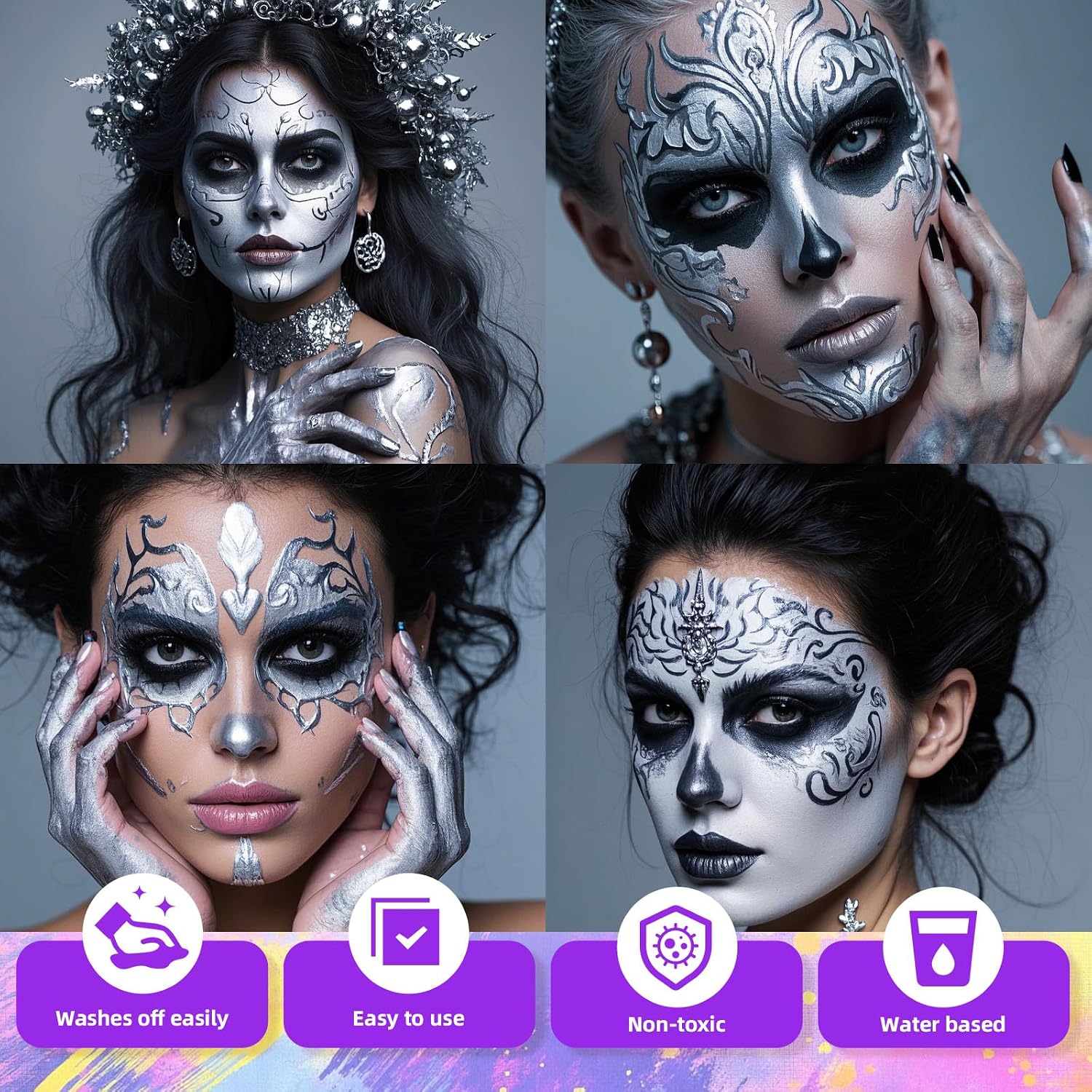 Ybuete 3Pcs Face Body Paint, Professional Paint For Halloween Cosplay Costume Party, Full-Coverage Multi-Color Cream Makeup Body Paint For Adult Halloween Cosplay Sfx Makeup Paint (White+Black+Silver)