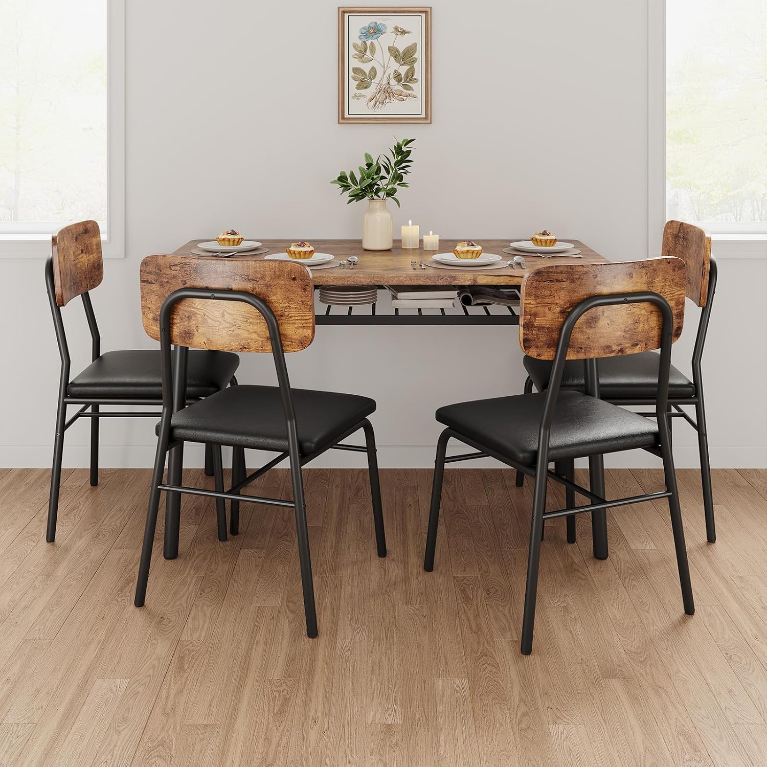 Garveehome Dining Table Set For 4 With Storage Rack, 5-Piece Kitchen Table And Upholstered Chairs Of 4, Wood Tabletop & Heavy-Duty Metel Frame, Dining Room Set For Small Space, Apartment, Brown
