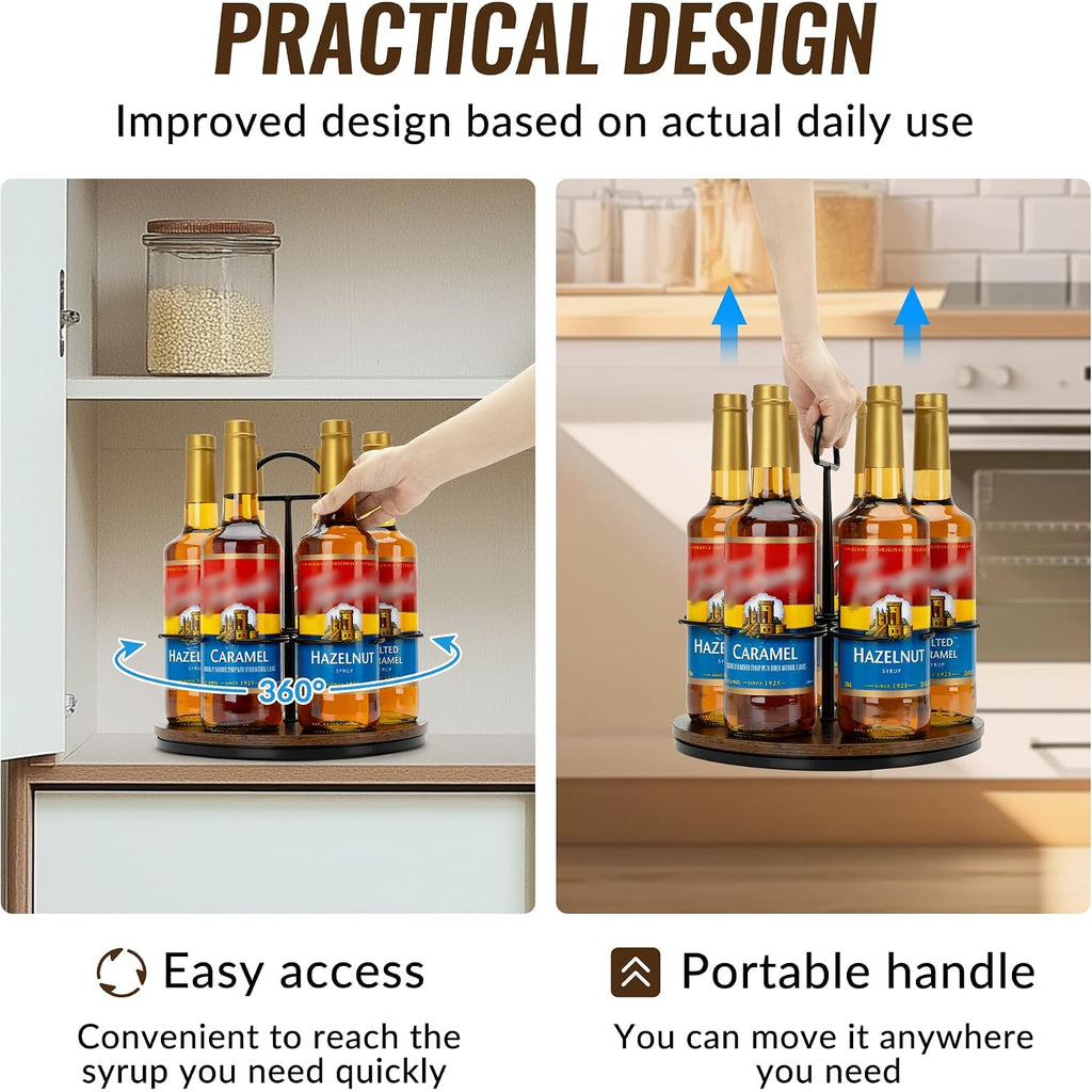 Rotating Coffee Syrup Organizer Hold 6 Bottles, Wood Coffee Syrup Rack For Countertop, Large Bottle Holder Stand For Bar Station, Turntable Wine Display Tray (Black - 6 Bottles)